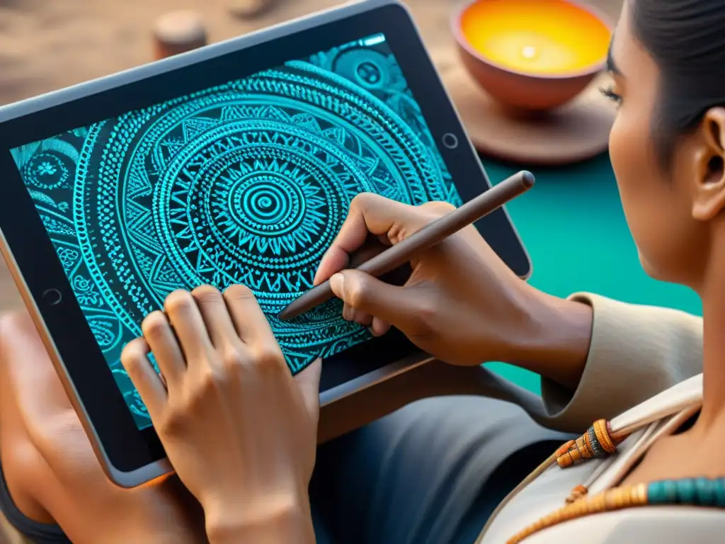 Un artista indígena crea arte en una tableta digital, fusionando tradición y tecnología