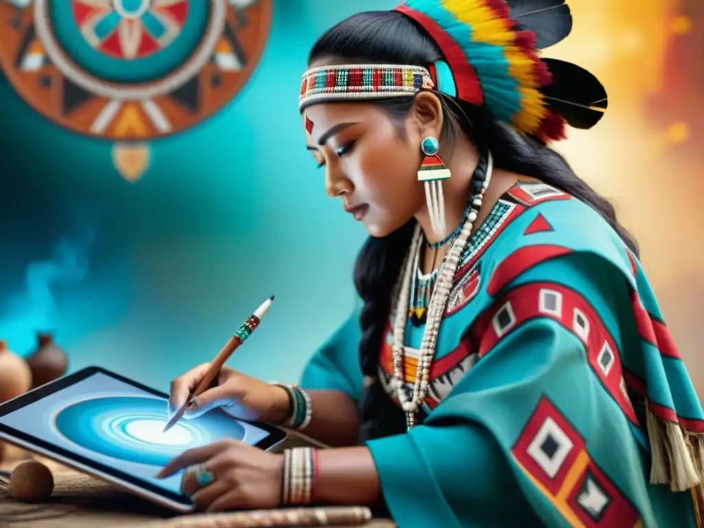 Un artista indígena crea arte con tecnología digital, fusionando tradición y modernidad