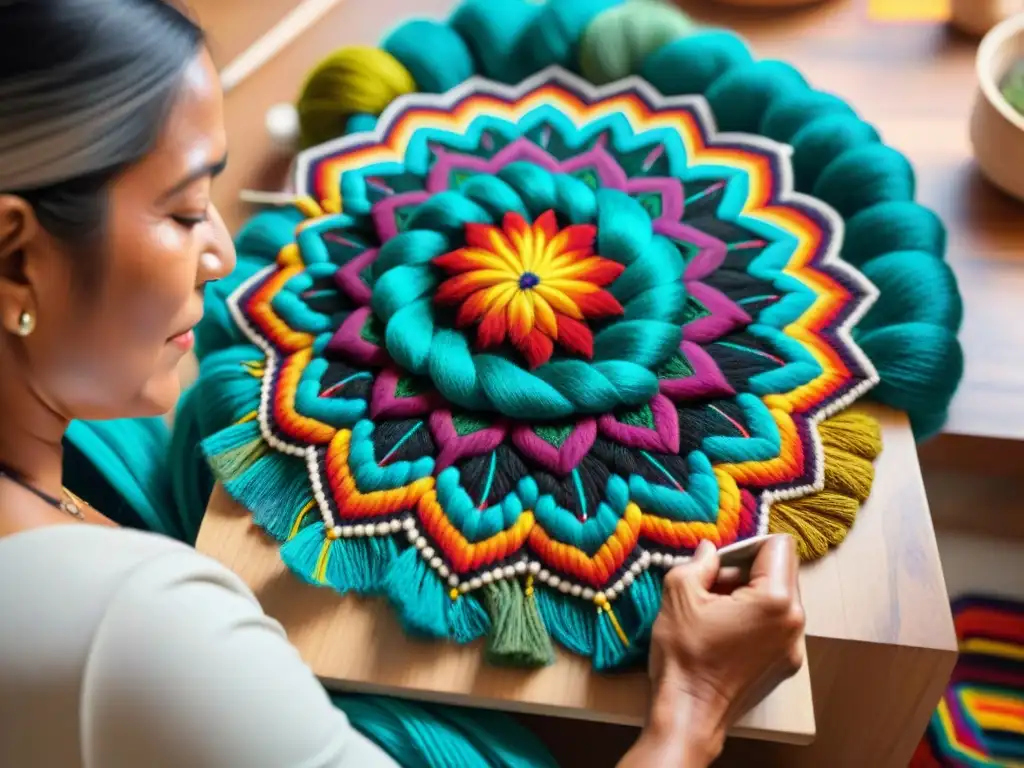 Un artista indígena crea una cautivadora pintura huichol con hilos, reflejando su cultura