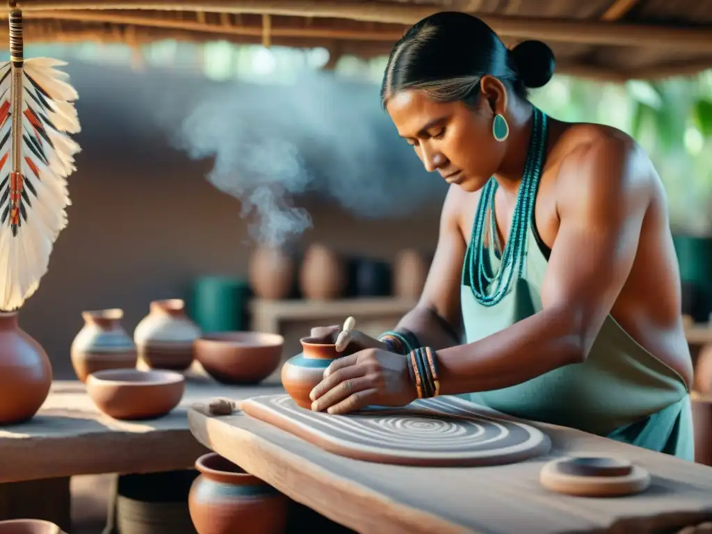 Artista indígena crea cerámica tradicional con laptop digitalizando patrones indígenas