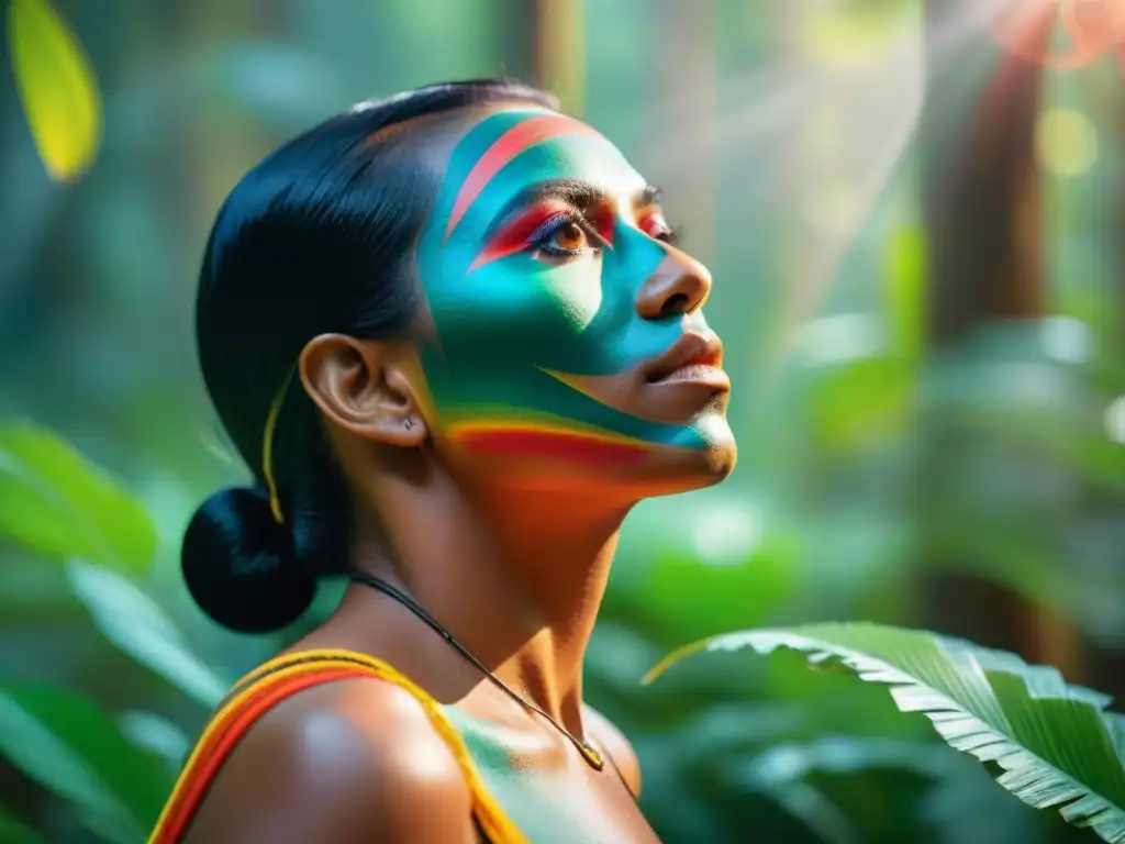 Un artista indígena teje una colorida historia ancestral en la selva, fusionando tradición con Realidad Aumentada arte indígena dimensiones