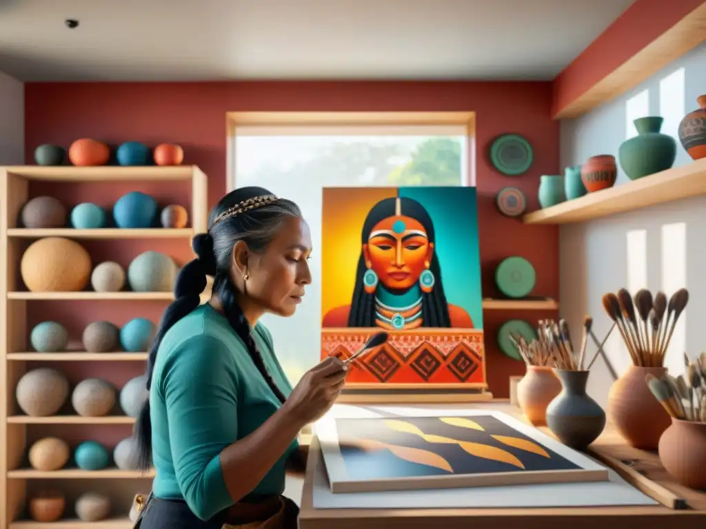Una artista indígena contemporánea crea una obra que fusiona arte antiguo con elementos modernos en su estudio lleno de color y luz natural