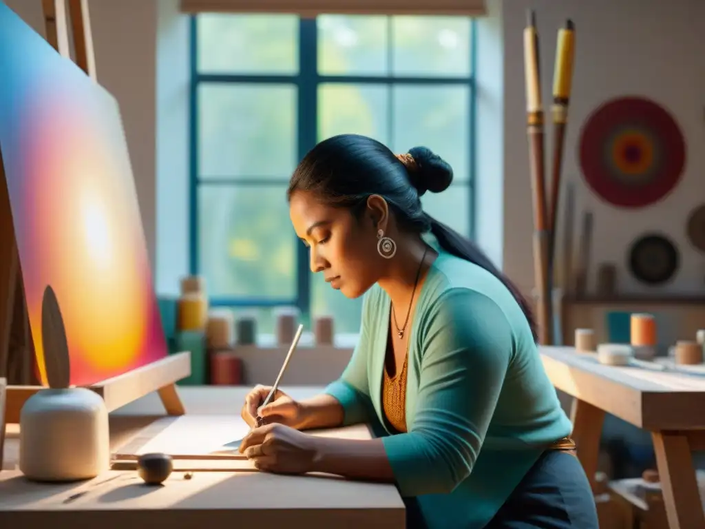 Un artista indígena contemporáneo trabajando con espiritualidad en su estudio, creando una obra única