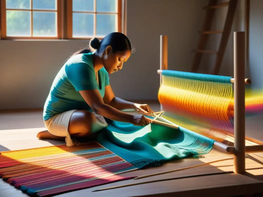 Un artista indígena contemporáneo tejiendo con estética y dolor una obra vibrante y compleja en textil tradicional