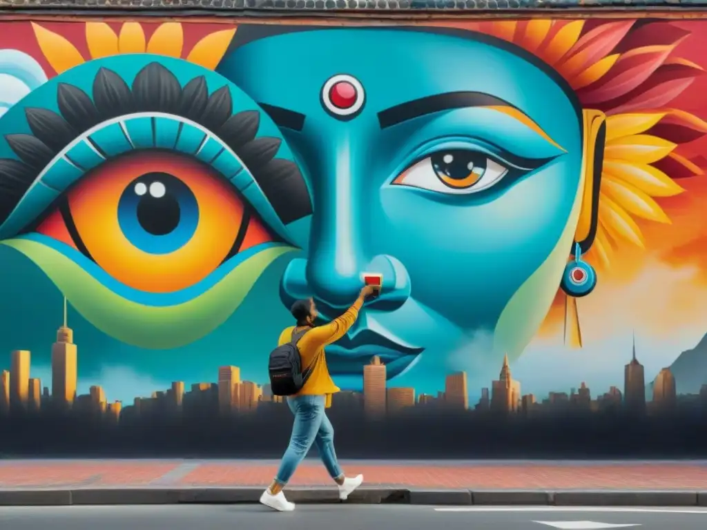 Un artista indígena contemporáneo experto pinta un mural vibrante en una ciudad, fusionando símbolos tradicionales con técnicas modernas