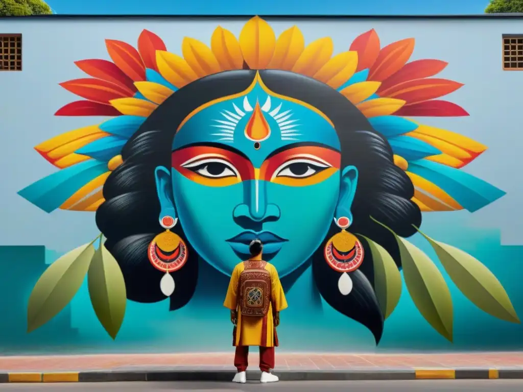 Un artista indígena contemporáneo crea un mural vibrante, fusionando símbolos ancestrales con técnicas modernas