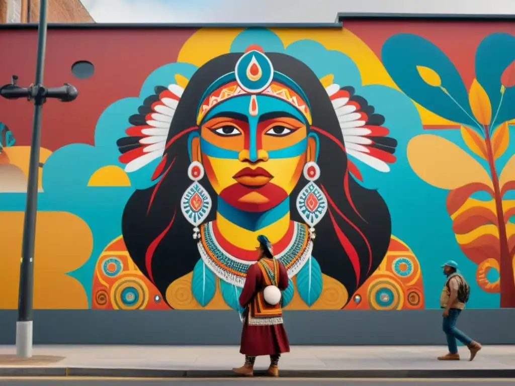 Un artista indígena contemporáneo pintando un mural en la ciudad, fusionando símbolos tradicionales con elementos modernos