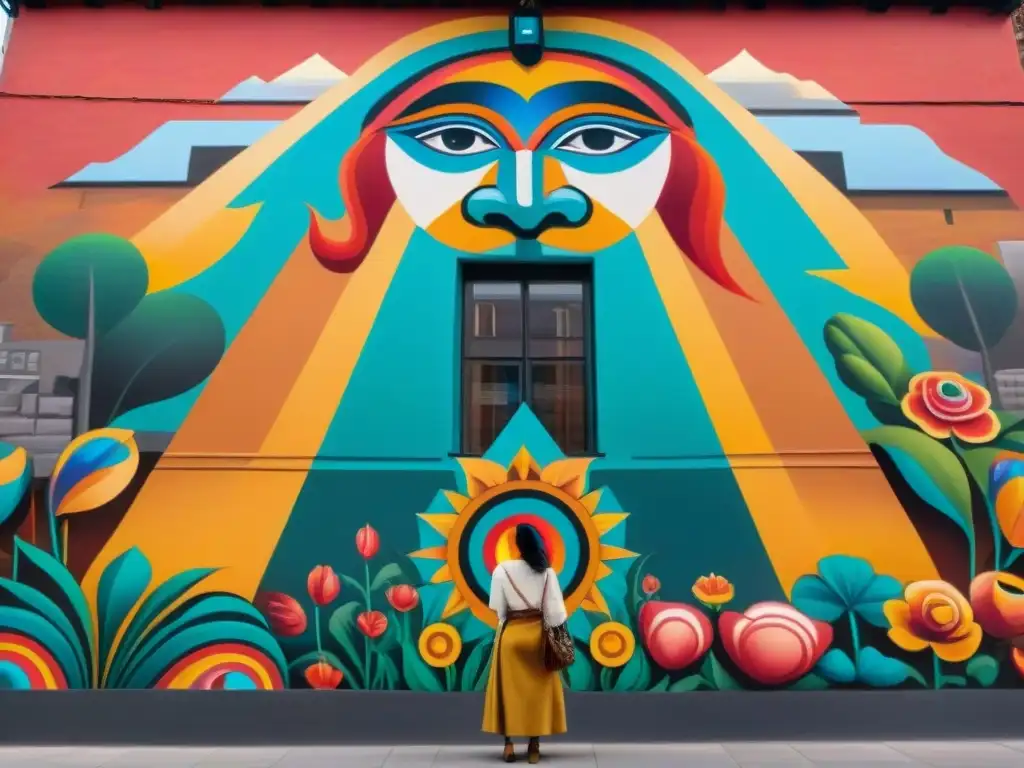 Un artista indígena contemporáneo pinta un mural vibrante en la ciudad, fusionando símbolos tradicionales con temas modernos, rodeado de espectadores diversos