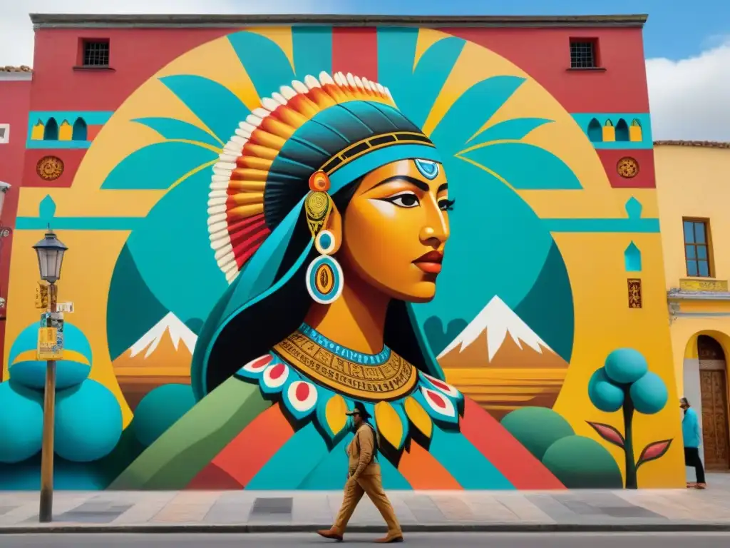 Un artista indígena contemporáneo pinta un mural vibrante con símbolos precolombinos de comercio y tributo, fusionando técnicas antiguas y modernas