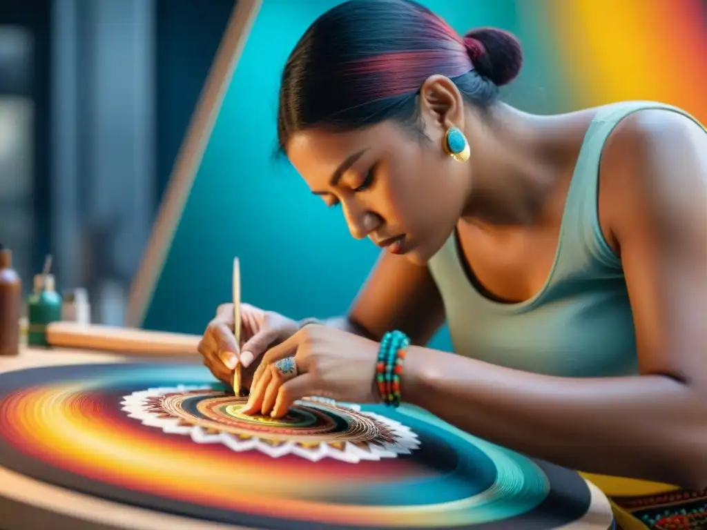 Un artista indígena contemporáneo crea una obra rodeado de colores vibrantes y patrones intrincados en su estudio iluminado, fusionando tradición e innovación