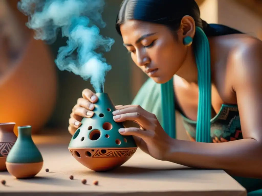 Un artista indígena contemporáneo crea una ocarina vibrante en su estudio soleado, mezclando tradición y modernidad