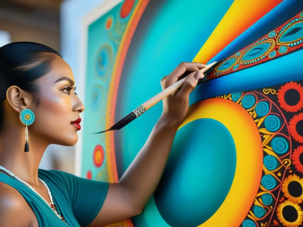 Artista indígena contemporáneo pintando símbolos ancestrales con colores vibrantes en lienzo