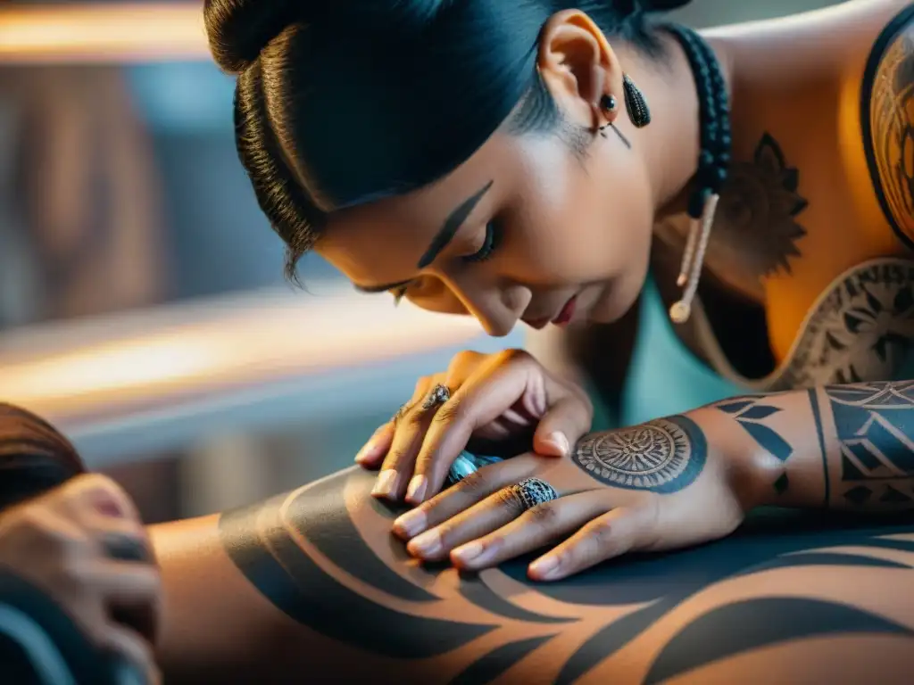 Un artista indígena tatuando con precisión y cuidado en un estudio lleno de arte, mostrando la influencia indígena en tatuajes