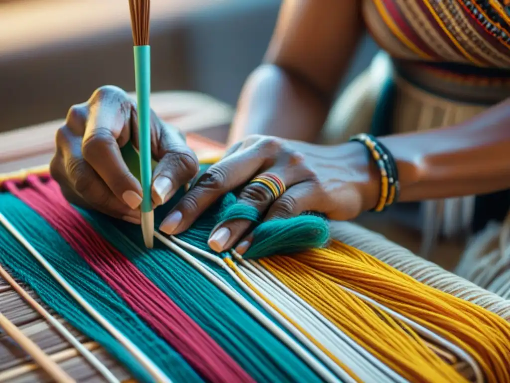 Un artista indígena teje con destreza hilos vibrantes en un patrón textil tradicional, destacando la Promoción del arte indígena contemporáneo