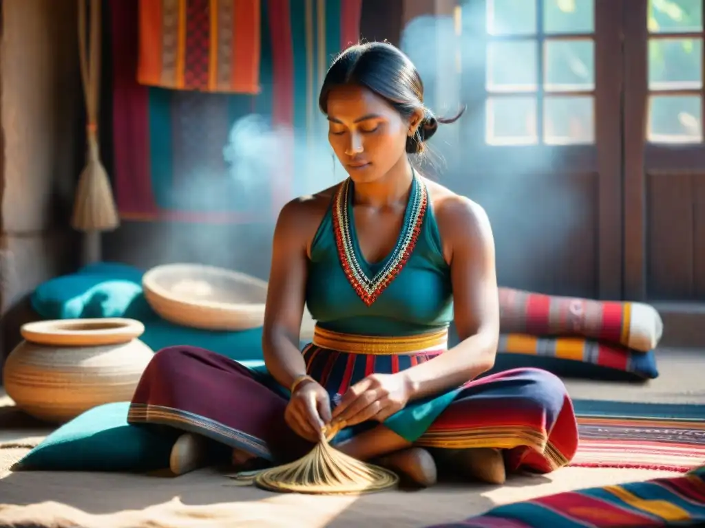 Artista indígena teje con destreza en telar de madera, rodeada de textiles vibrantes en preservación tecnología textiles indígenas