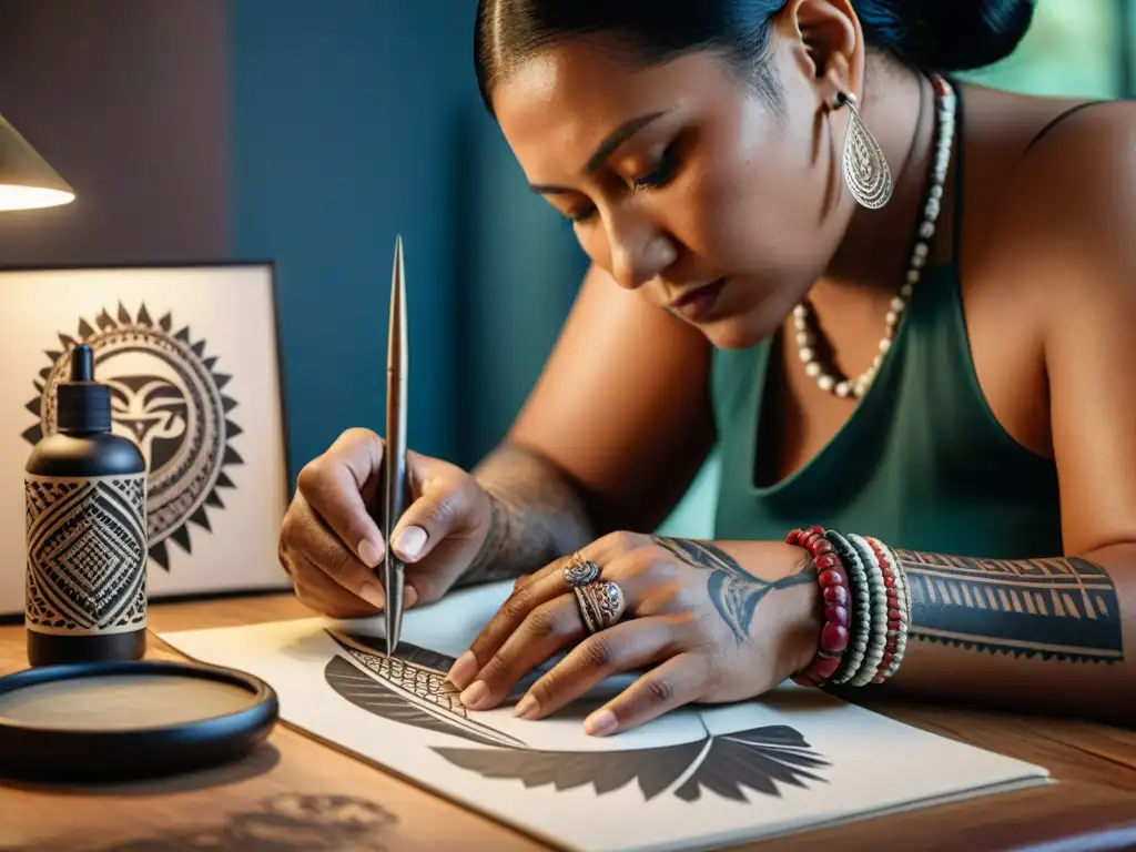 Un artista indígena tatuando diseños tradicionales con raíces culturales en un cliente, en un entorno moderno y lleno de significado