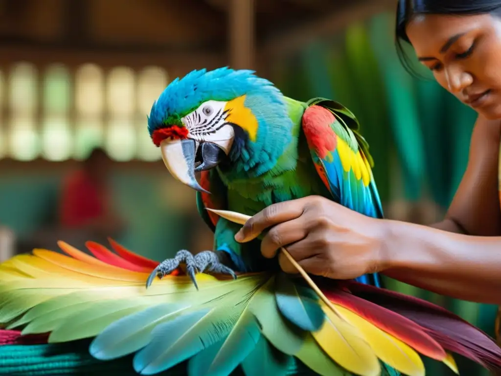 Un artista indígena experto crea arte plumario, mostrando significado cultural y artesanía meticulosa