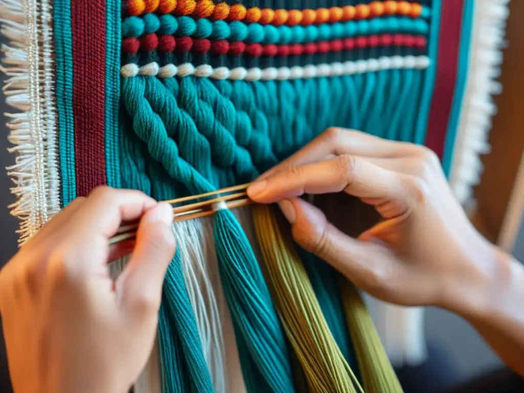 Un artista indígena teje con habilidad hilos vibrantes en un tapiz tradicional, fusionando arte y técnica ancestral en una colección de arte indígena contemporáneo