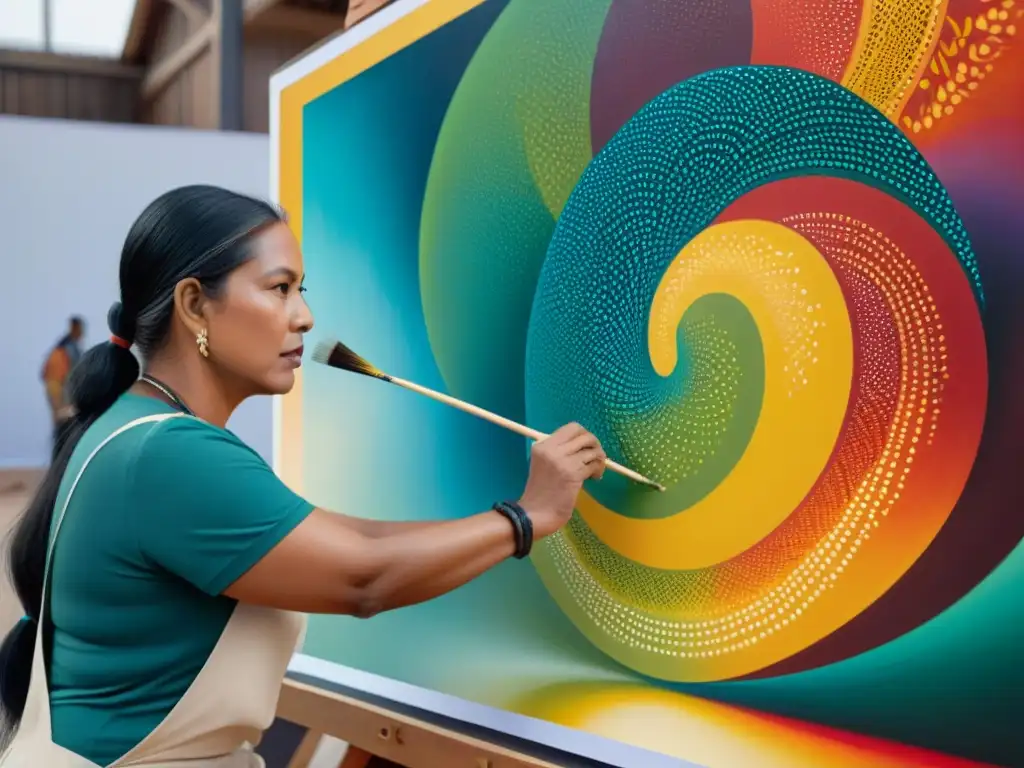 Un artista indígena pintando en un lienzo, rodeado de colores vibrantes y motivos tradicionales en un mercado de arte indígena