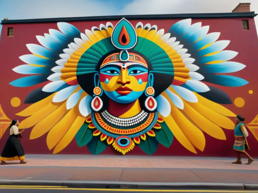 Un artista indígena detalladamente pinta un mural urbano, fusionando tradición con modernidad