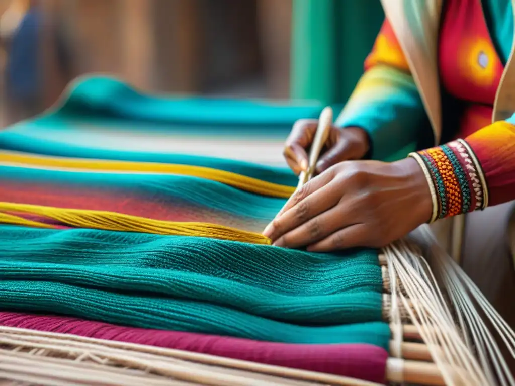 Artista indígena tejiendo patrones con hilos vibrantes en mercado lleno de textiles coloridos