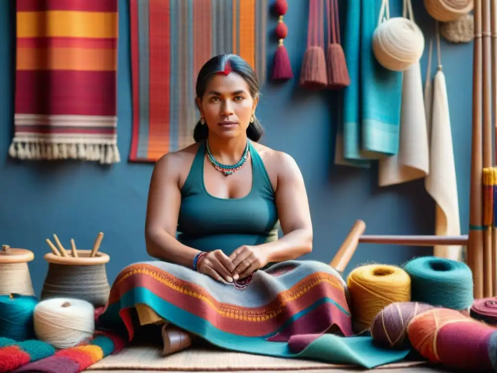 Artista indígena tejiendo patrones en telar, rodeado de textiles vibrantes en taller acogedor