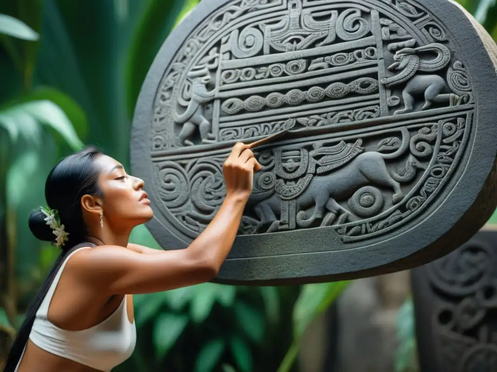 Maestro indígena tallando arte precolombino en estela de piedra Un artista indígena precolombino talla con maestría una estela de piedra, mostrando el arte y la destreza en la creación de estas obras monumentales