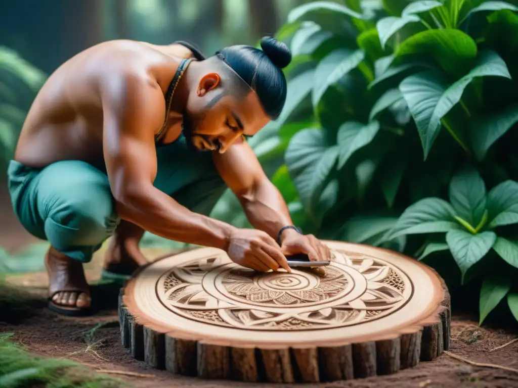 Un artista indígena talla con intensidad patrones en madera rodeado de naturaleza y herramientas tradicionales