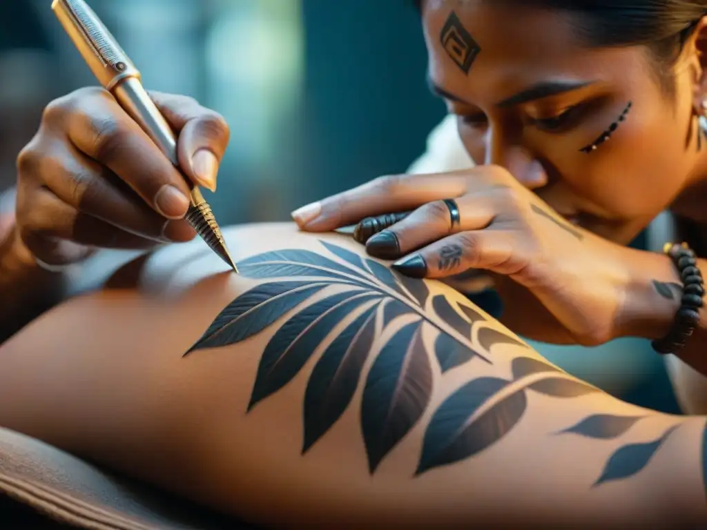 Un artista indígena crea un tatuaje tradicional con significados rituales en un estudio íntimo