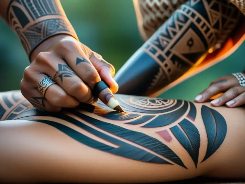 Un artista indígena crea tatuajes con herramientas tradicionales, rodeado de símbolos culturales