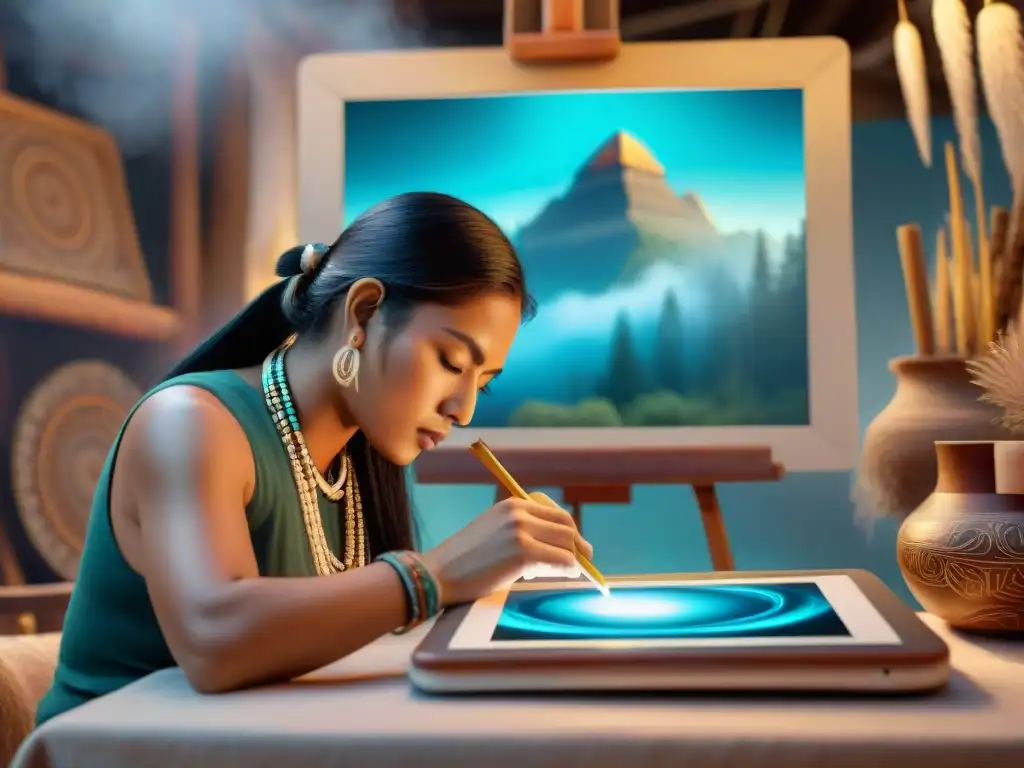 Un artista indígena fusiona tradición y tecnología en un tablet, rodeado de símbolos culturales