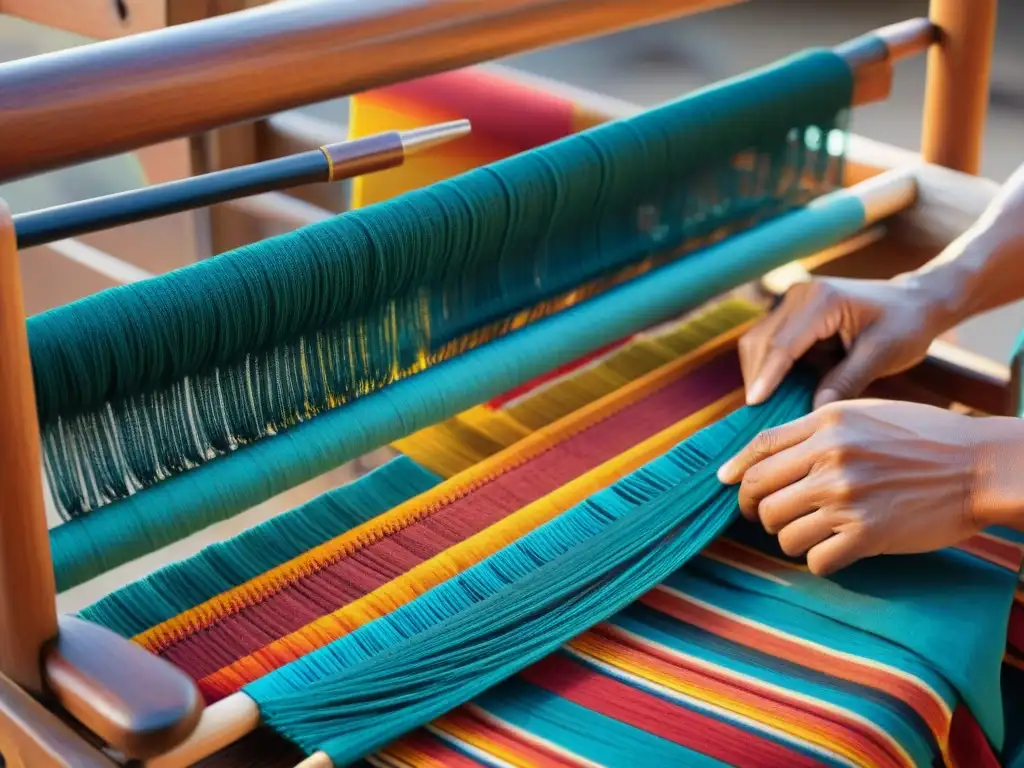 Artista indígena tejiendo textiles tradicionales en telar de madera al atardecer