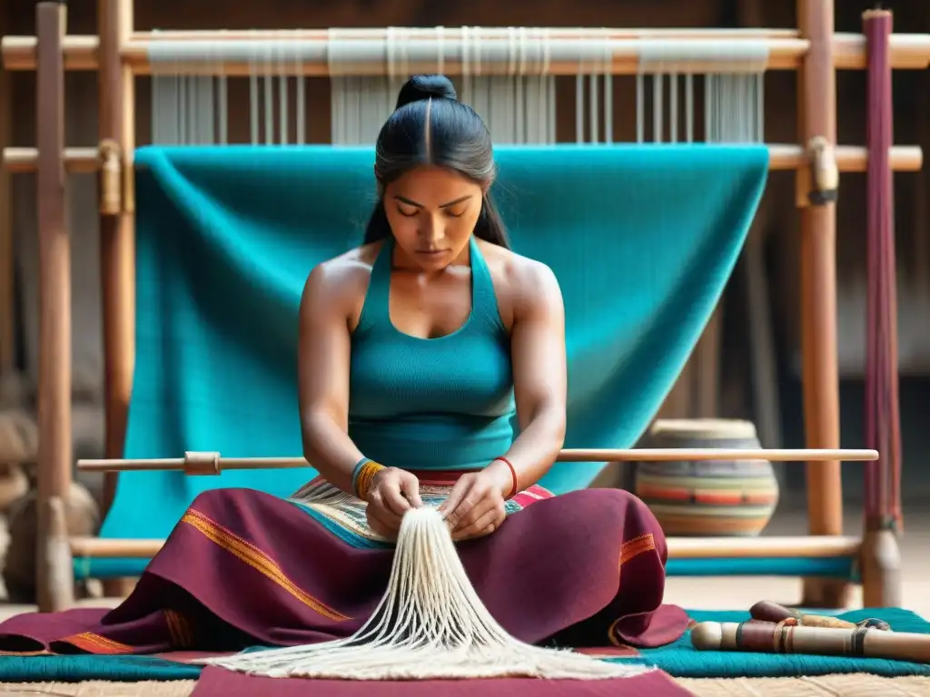 Artista indígena tejiendo en telar tradicional con técnicas textiles indígenas modernas