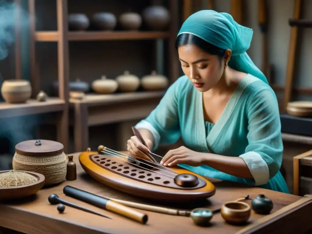 Artista restaurando instrumento ancestral con herramientas tradicionales