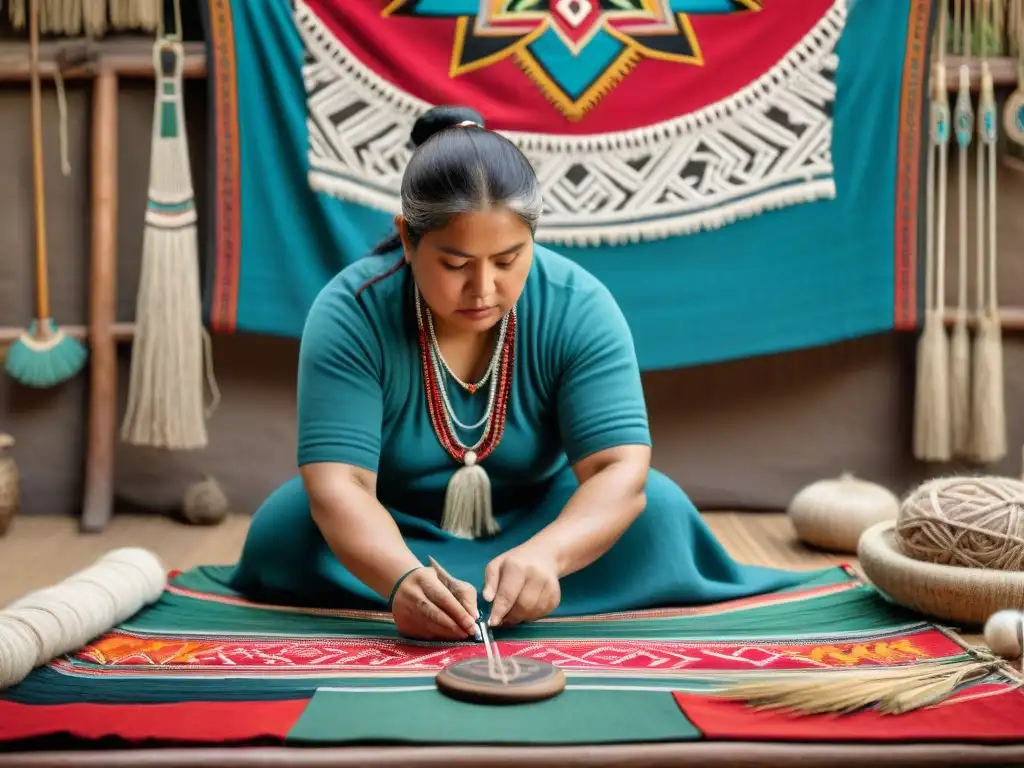 Un artista mapuche crea arte ancestral con concentración en un telar, rodeado de herramientas, en una habitación llena de obras tradicionales