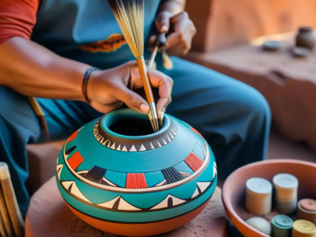 Un artista navajo pintando un diseño en una pieza de cerámica, rodeado de herramientas de trabajo