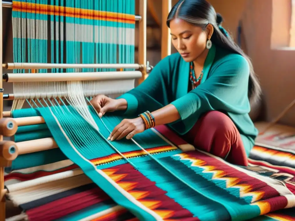 Artista Navajo tejiendo un patrón tradicional en una colorida obra de arte indígena moderna Navajo