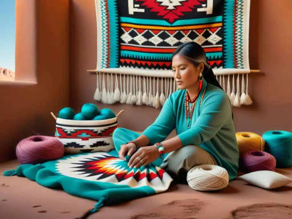 Artista navajo tejiendo tapiz moderno con técnicas tradicionales