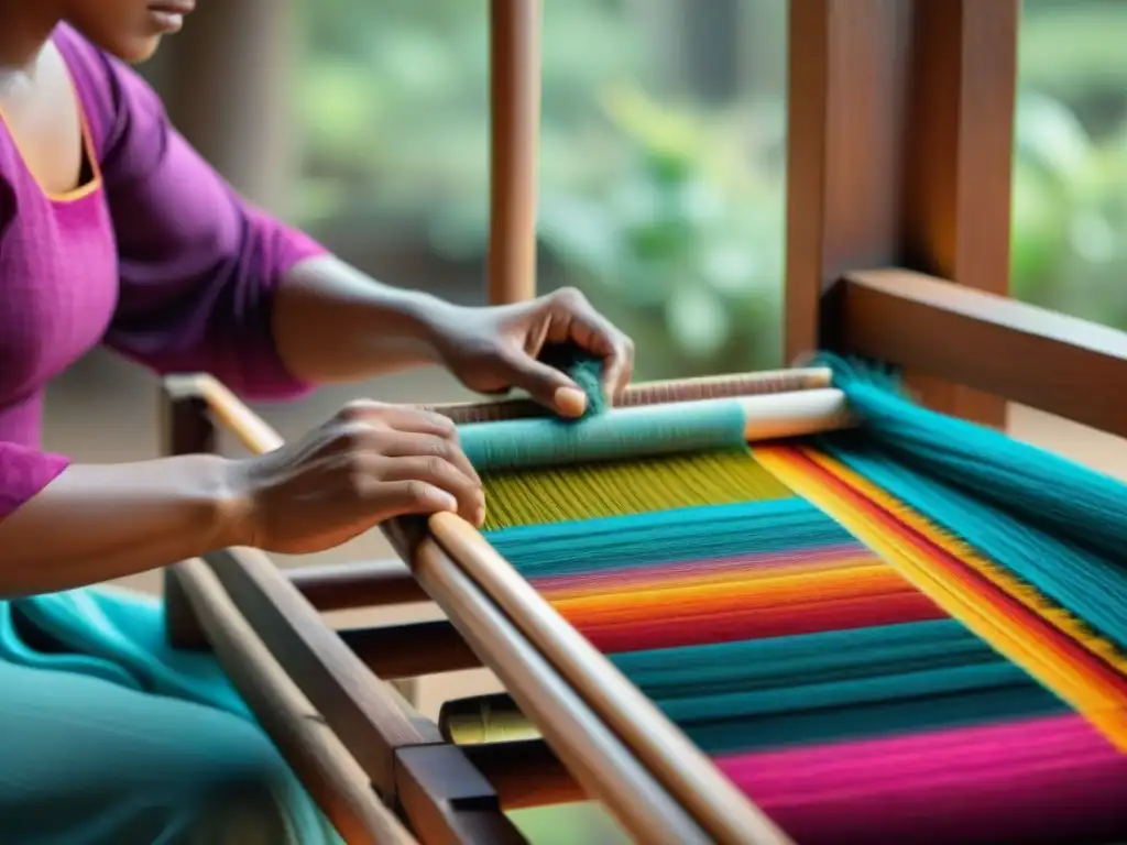 Artista textil indígena tejiendo patrones vibrantes en telar, en colaboración moda artistas textiles indígenas