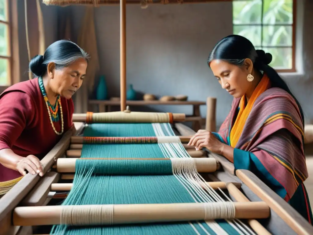 Artistas indígenas protegiendo diseños textiles en telar de madera con colores vibrantes