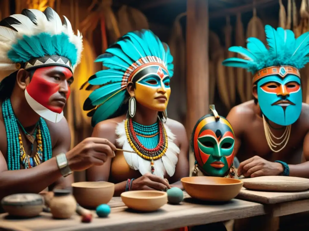 Artistas indígenas tallan y pintan máscaras tradicionales rodeados de plumas, abalorios y materiales naturales en taller iluminado