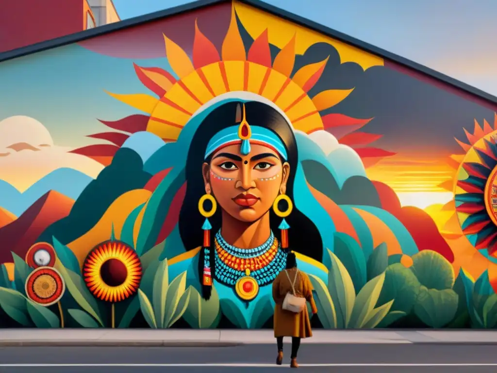 Artistas indígenas crean mural detallado al atardecer, mostrando la riqueza de su arte en redes sociales