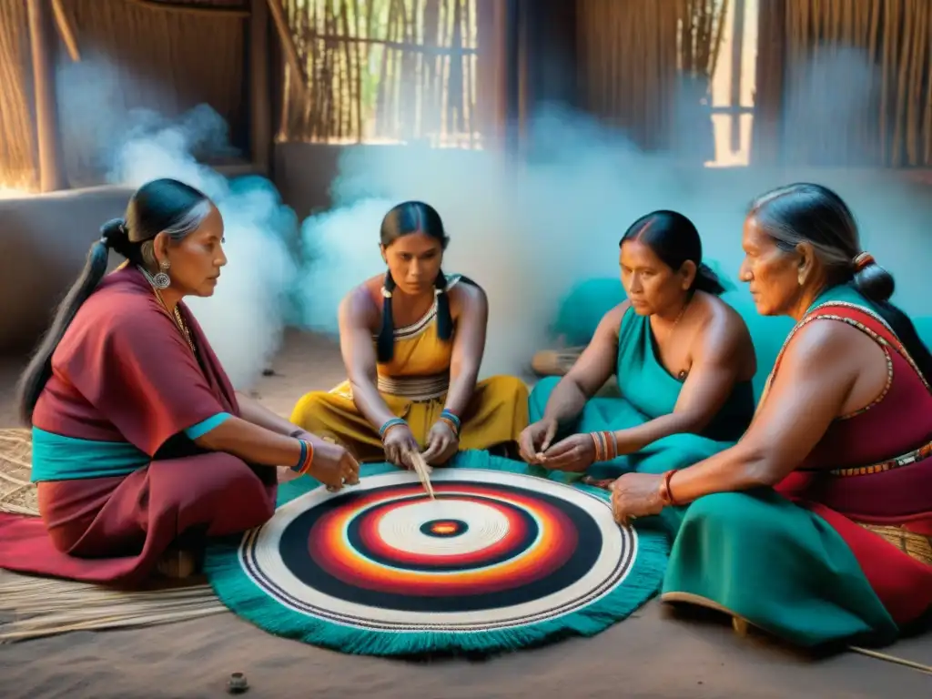 Artistas indígenas tejiendo con orgullo y concentración, en un entorno tradicional