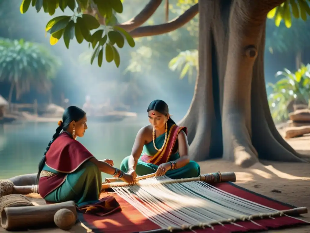 Artistas indígenas tejiendo textiles bajo árbol ancestral, reflejando impacto económico textiles tradicionales