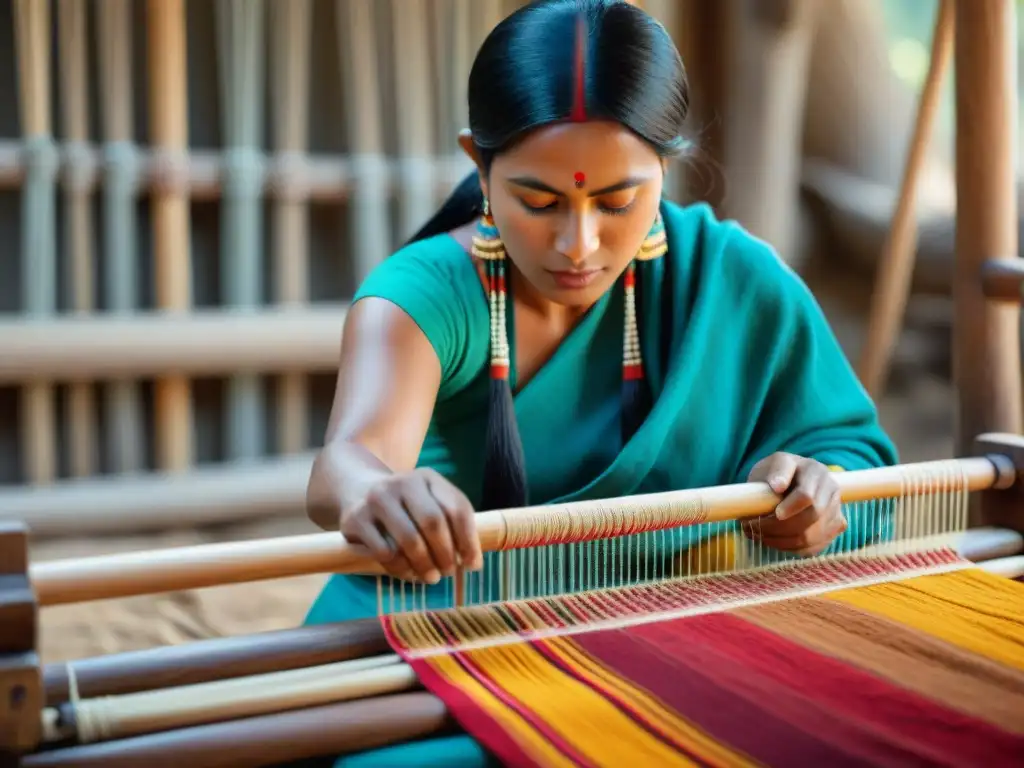 Artistas indígenas crean textiles coloridos en telar de madera, fusionando tradición e innovación