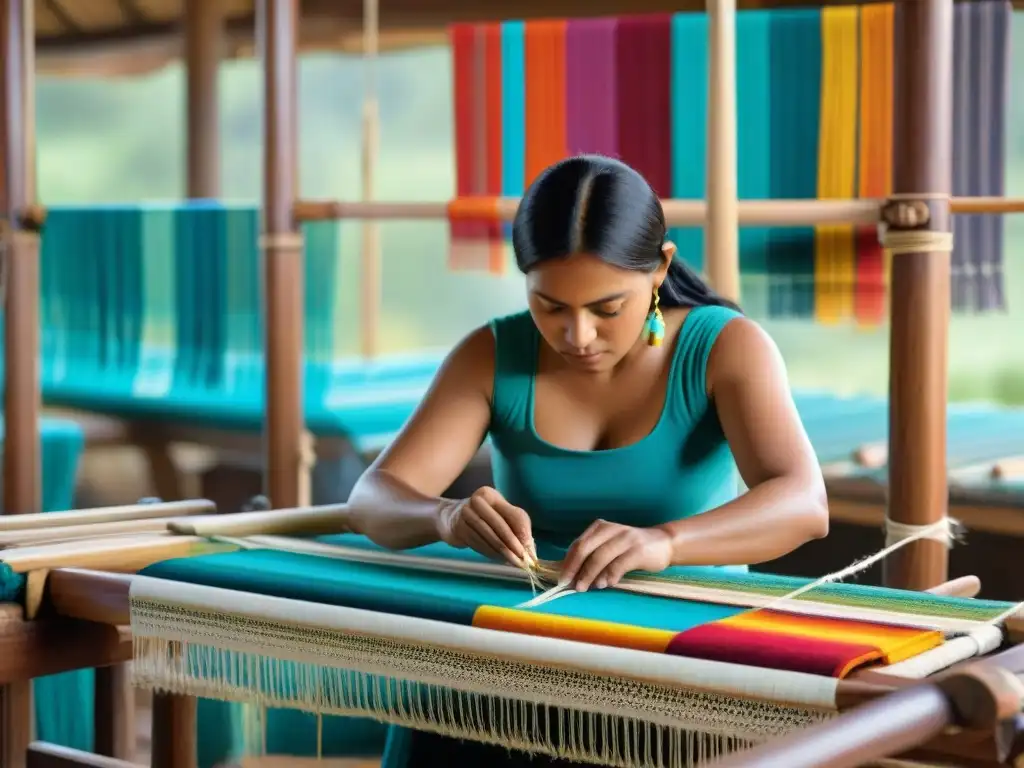 Artistas indígenas tejiendo textiles coloridos en telares de madera en un taller soleado