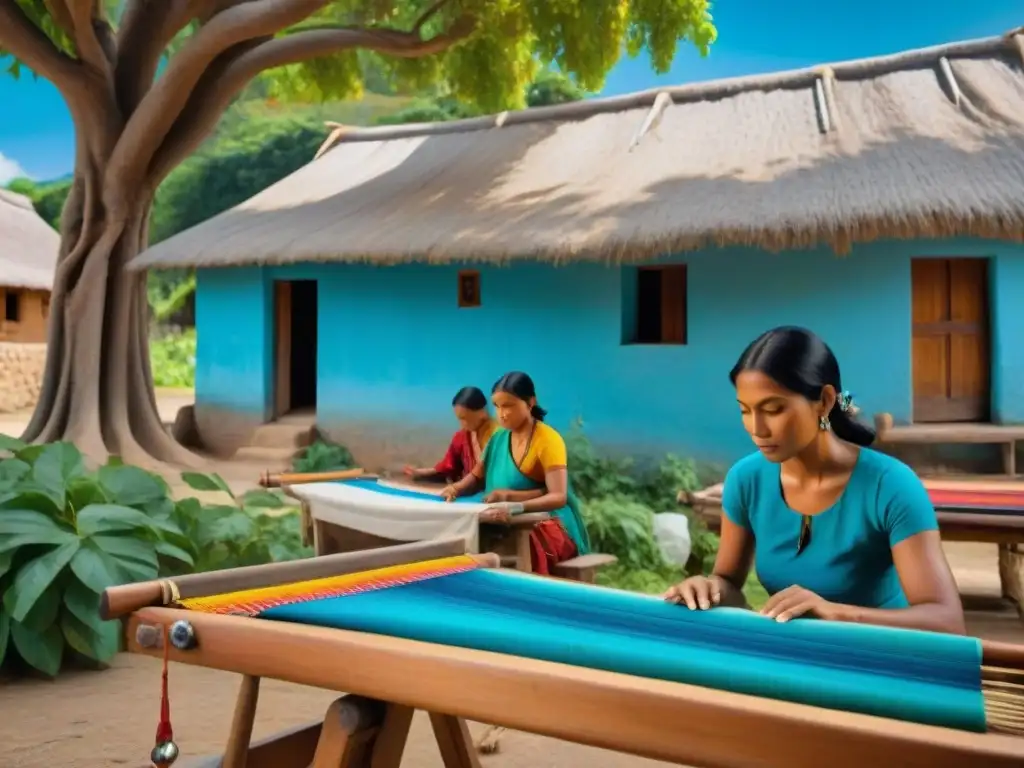 Artistas indígenas tejiendo textiles con conciencia en un pueblo pintoresco bajo un árbol frondoso