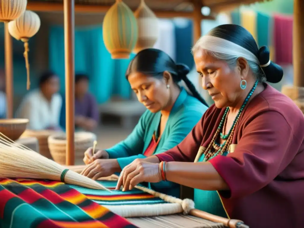 Artistas indígenas tejiendo textiles en mercado local, reflejando patrimonio viviente de culturas indígenas América