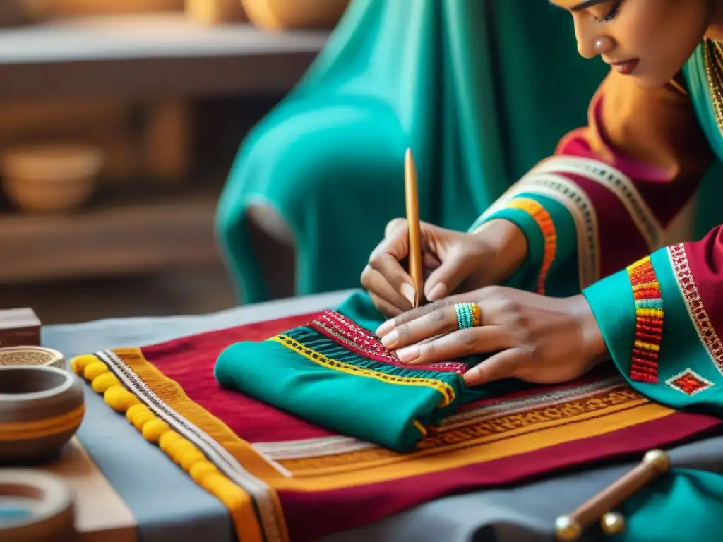 Artistas indígenas creando textiles en taller vibrante