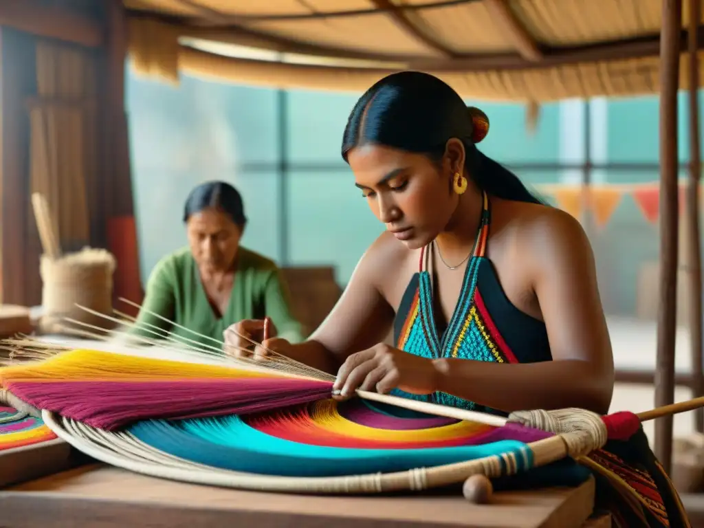 Artistas indígenas tejiendo textiles con técnicas tradicionales en taller soleado